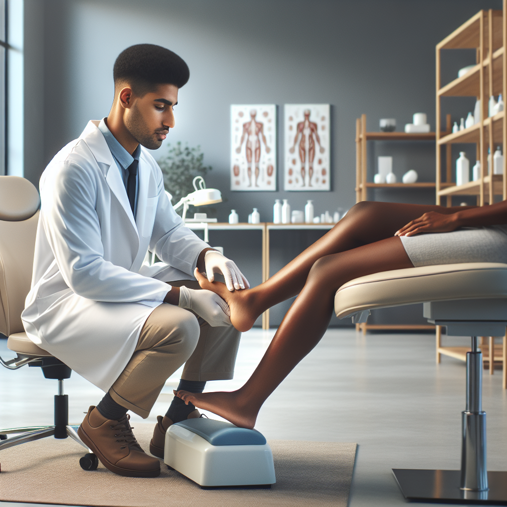 Realistic stock image of podiatrist treating patient's foot.