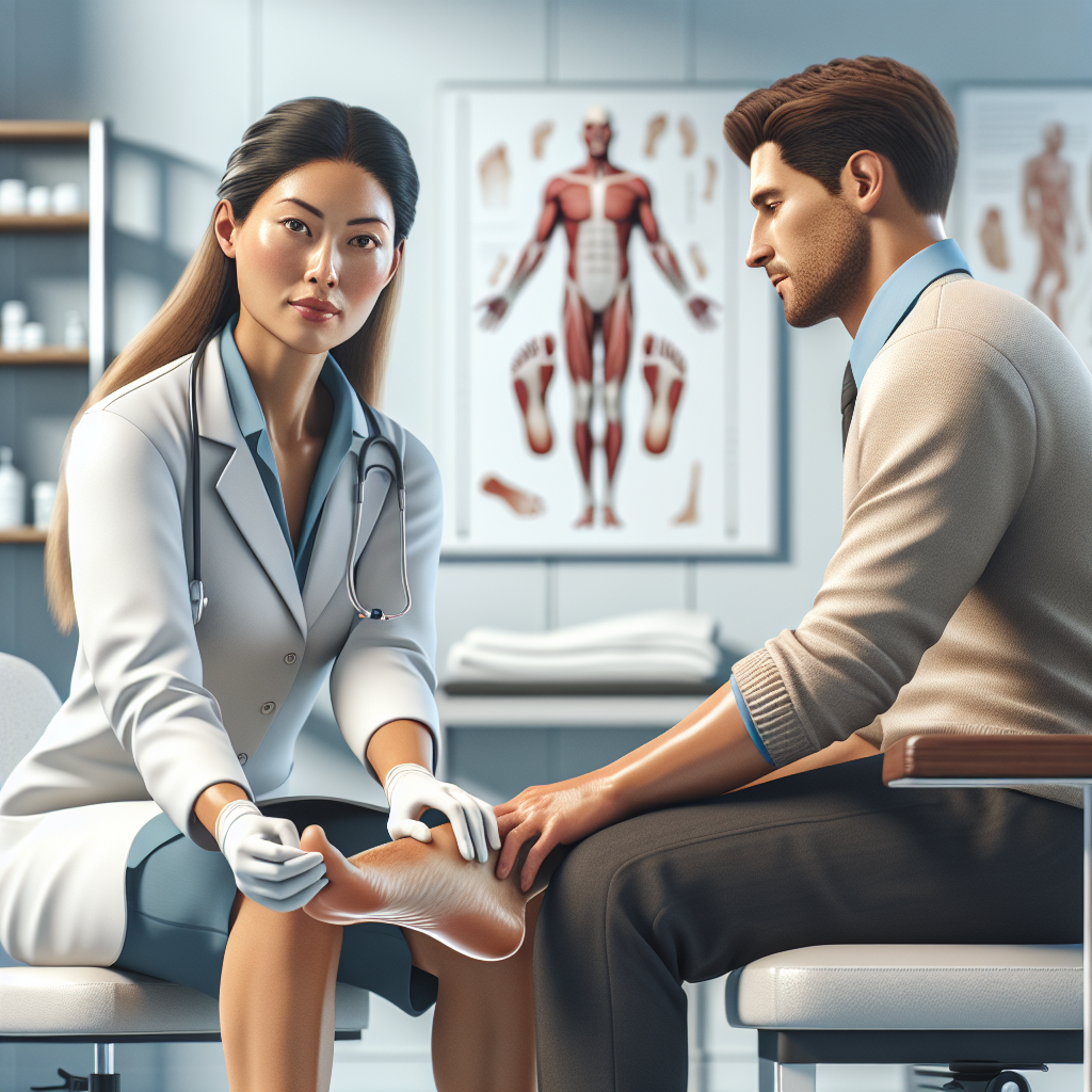 Realistic stock image of podiatrist examining patient's foot.