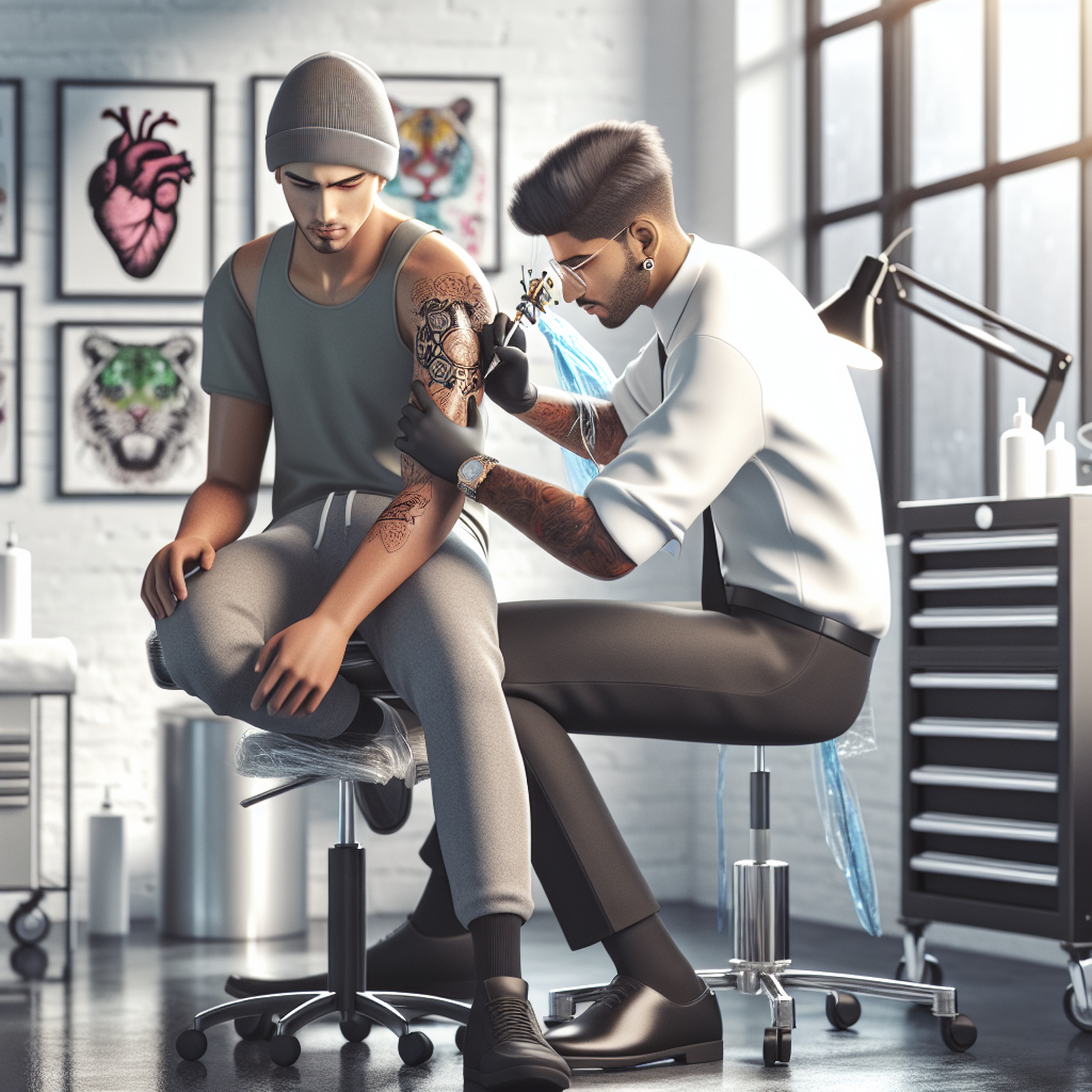 Realistic stock image of tattoo artist at work.
