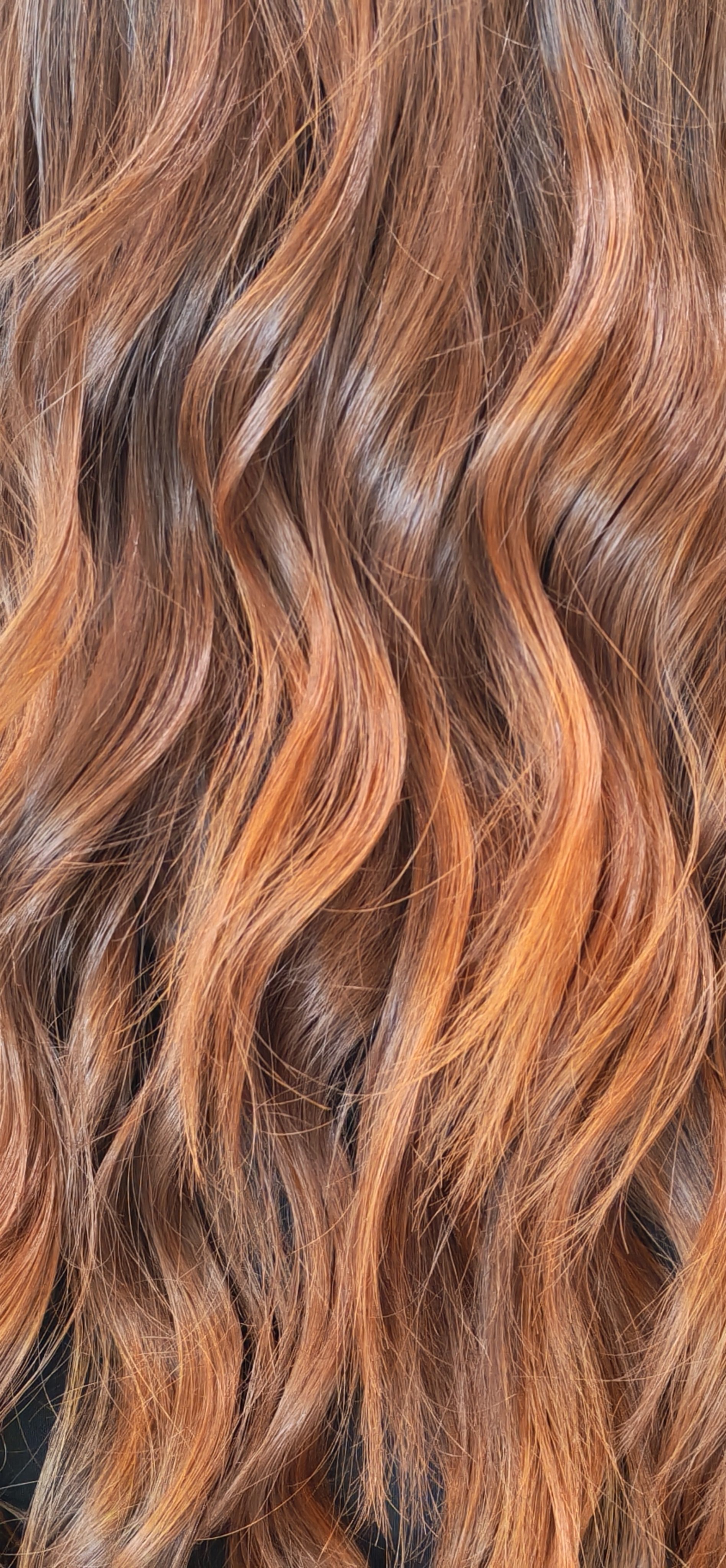 Gros plan sur des cheveux ondulés, brun-roux avec des reflets cuivrés plus clairs.