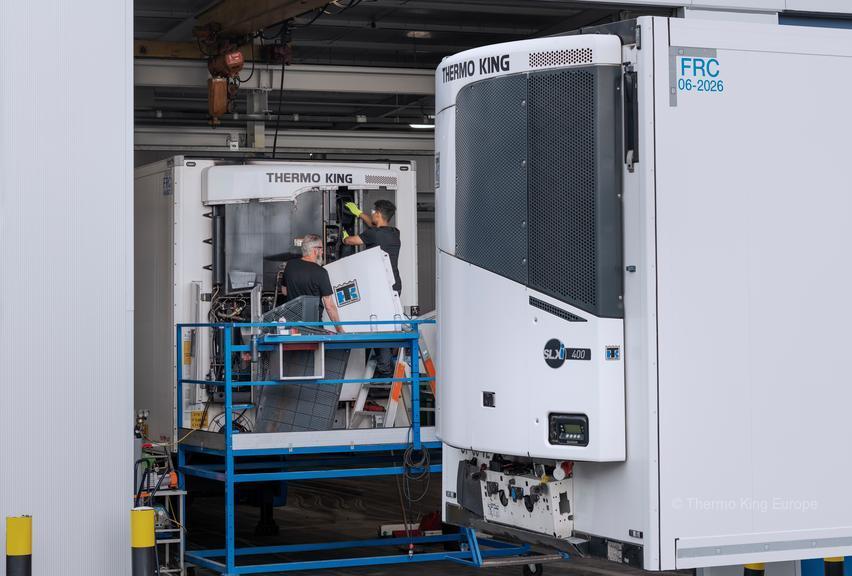 Personne en manteau bleu montant à une échelle pour accéder au toit d'un camion ; arrière-plan forestier.