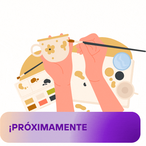 Manos pintando diseño floral sobre una taza, paleta de pinturas, botón 