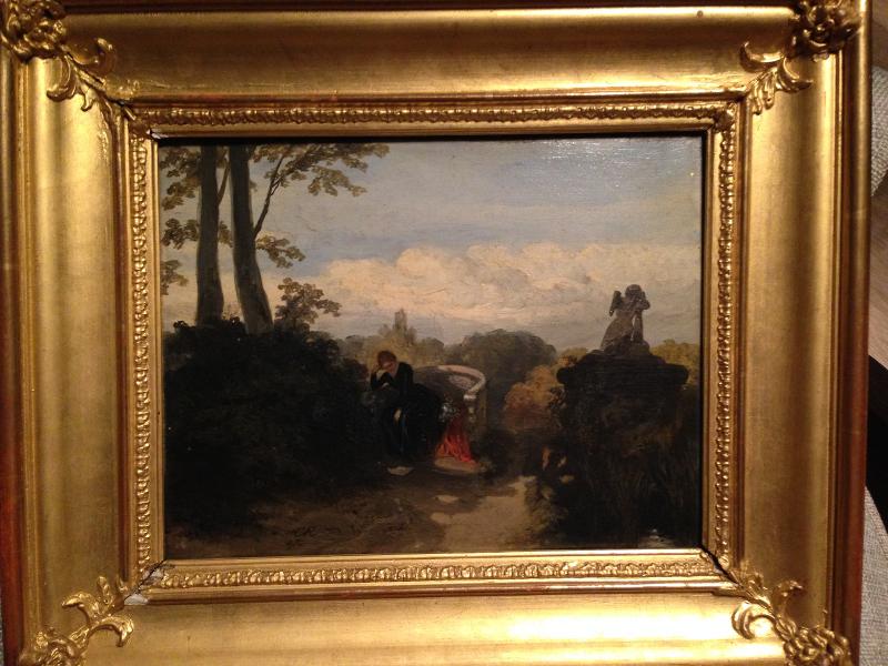 Ecole hollandaise romantique32 milieu 19è sur panneau.femme dans un parc. monogrammé