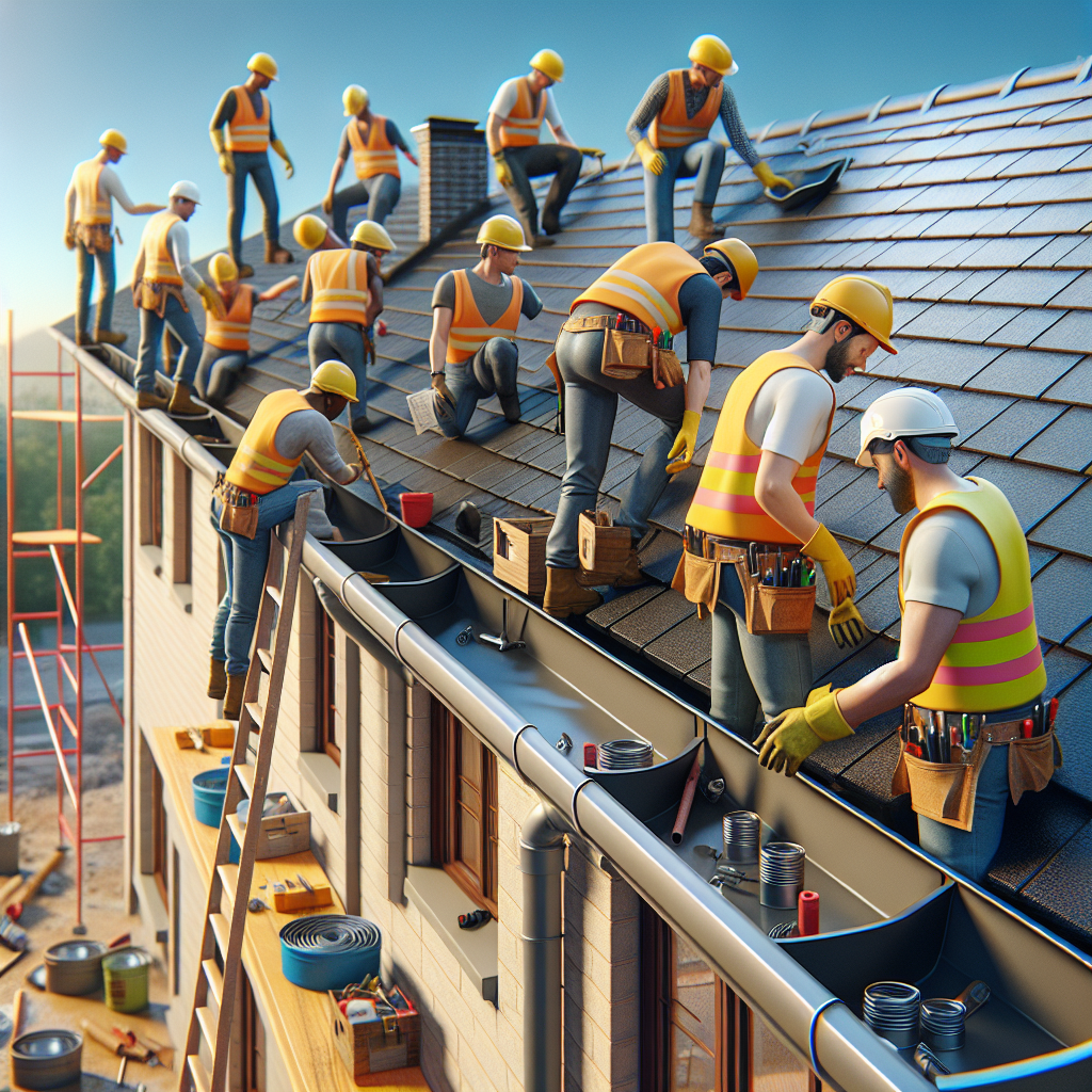 Realistic stock image of workers installing canalones