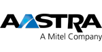 Das Aastra-Logo mit stilisierter schwarzer und blauer Schrift und dem darunter stehenden Slogan „A Mitel Company“