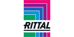 Rittal-Logo mit mehrfarbigen, übereinanderliegenden Quadraten über schwarzem Text