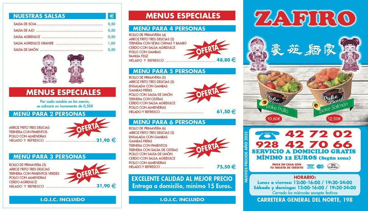 Un menú para un restaurante llamado restaurante chino zafiro.