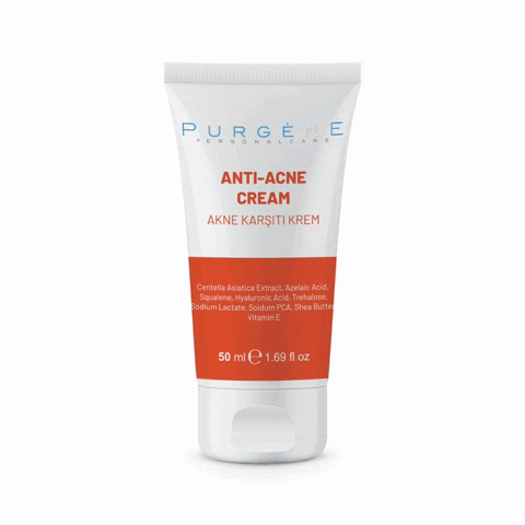 Tubo de crema antiacné Purge con texto e ingredientes, envase blanco y rojo.