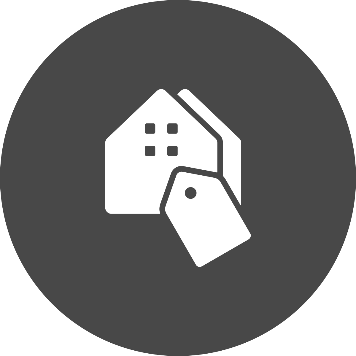 White house icon with price tag on a gray circle.