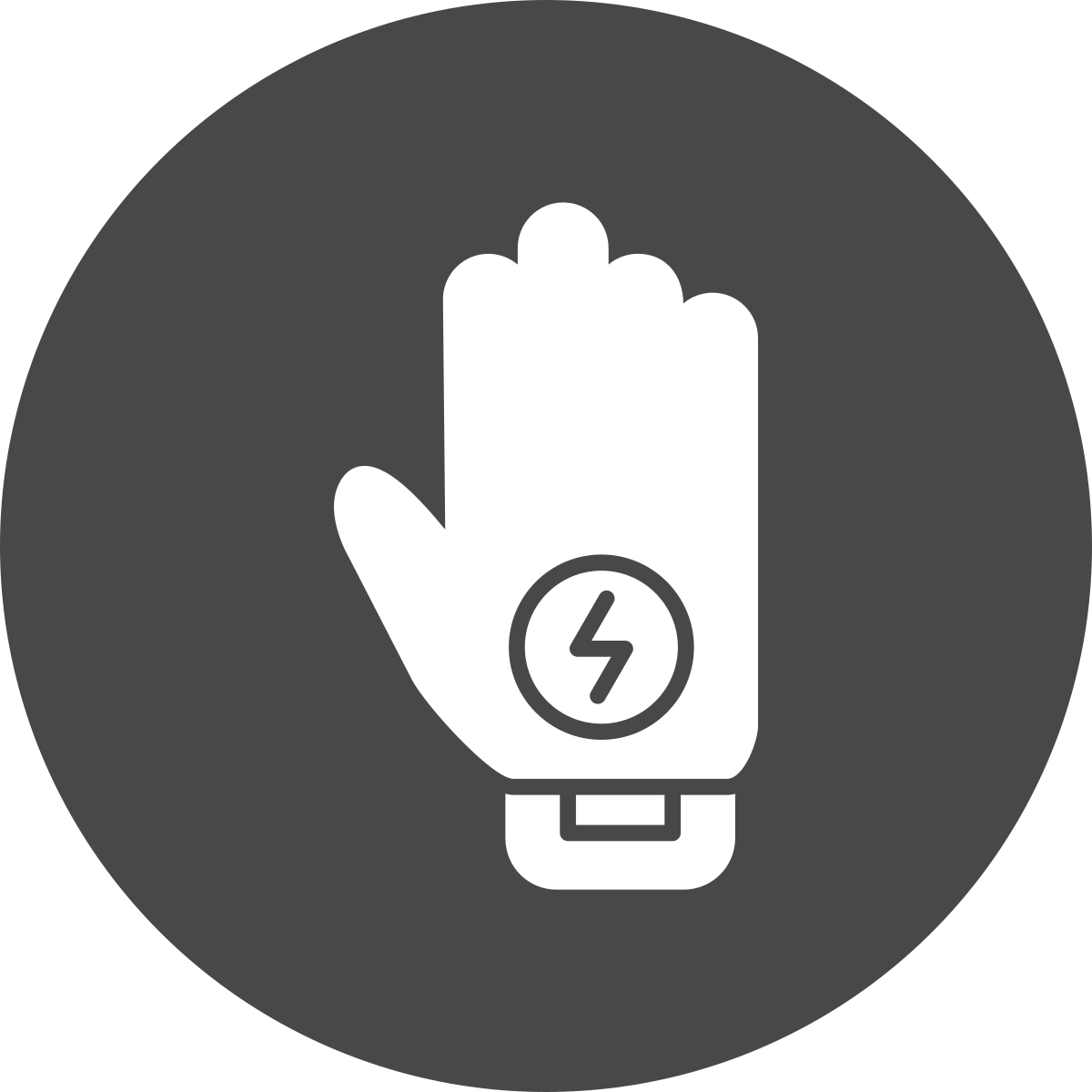 White glove with energy bolt icon, in dark gray circle.