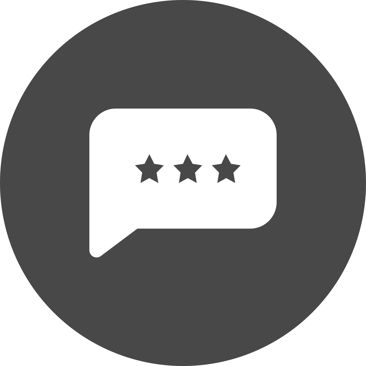 White speech bubble with three stars on a dark gray background.