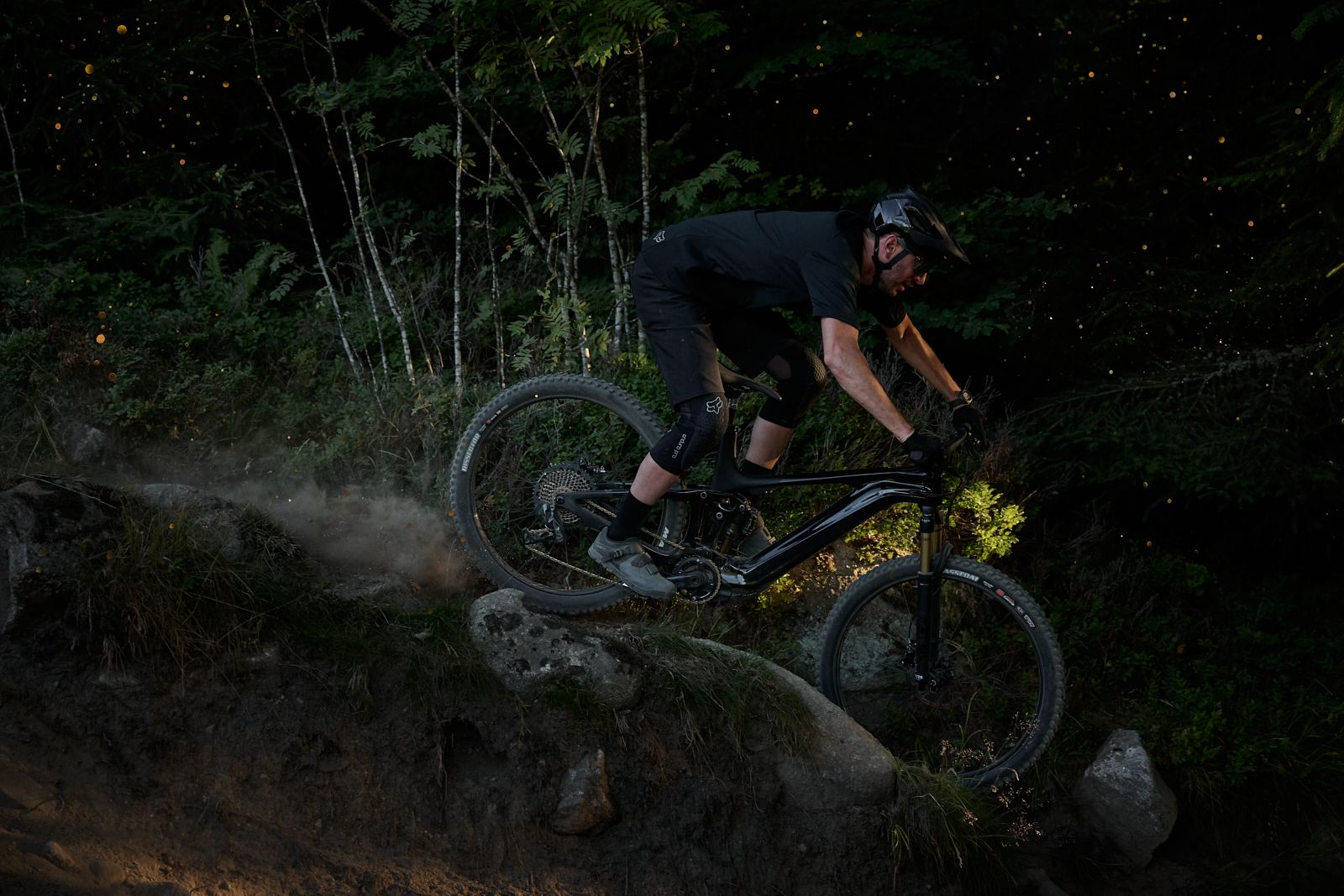 Eine Person fährt mit dem E-Mountainbike einen steilen Berg hinauf, umgeben von Blumenwiesen