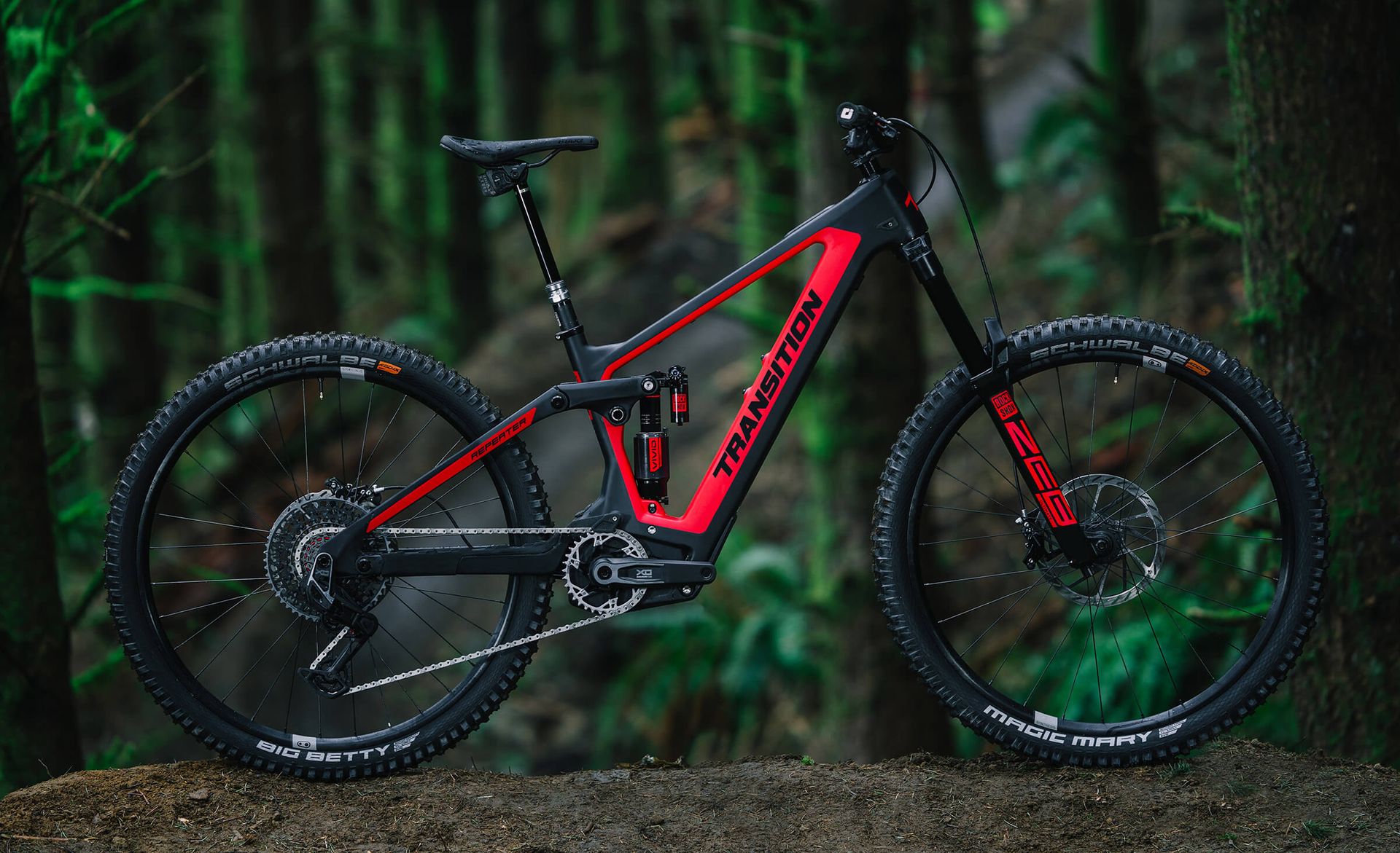 Ein Mountainbike steht auf einem Feldweg im Wald.