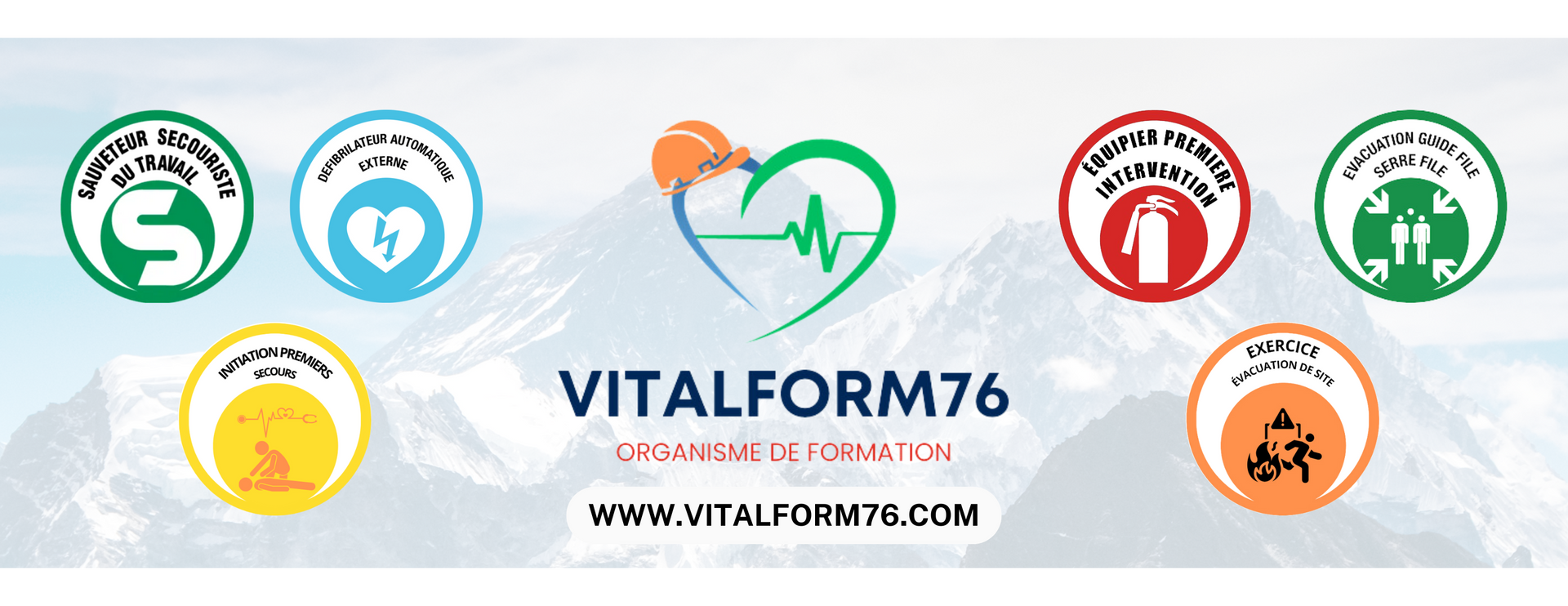 Bannière Vitalform76 avec le logo et quatre bulles de couleur avec les formations