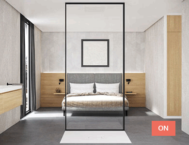 Dormitorio con ducha de cristal, cama, decoración moderna y botón rojo de 