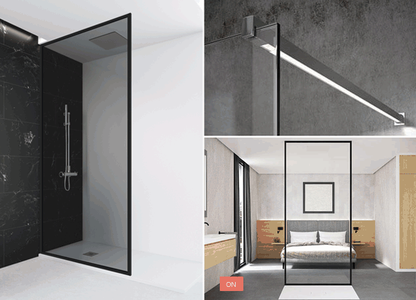 Diseños de mamparas de ducha: puertas de vidrio con marco negro, minimalista moderno, varias configuraciones.