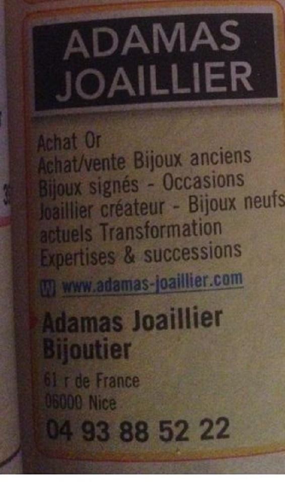 Adamas Joaillier Bijoutier à Nice, annonce dans le journal