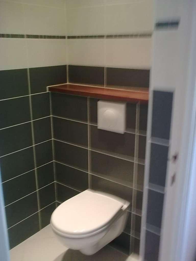 Une petite salle de bain avec des murs carrelés vert foncé, des toilettes blanches et une étagère en bois au-dessus.