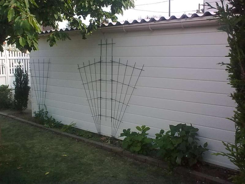 Mur blanc avec trois structures en treillis métallique pour plantes grimpantes dans une cour.