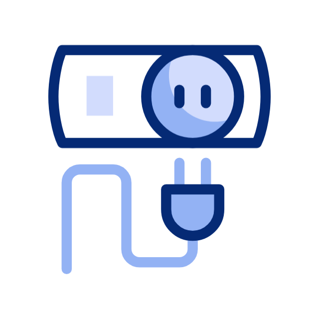 Ilustración azul y blanca de una toma de corriente con un cable y un enchufe insertados.