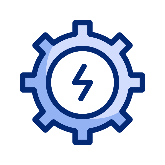 Engranaje azul con símbolo de rayo, que representa configuraciones o electricidad.
