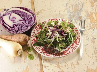 SALADE DE LÉGUMES OUBLIÉS ET CRÈME DE PRUNEAUX