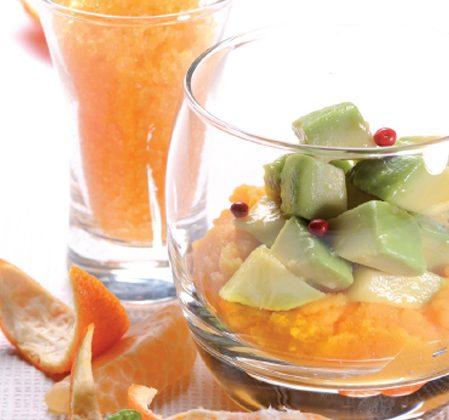 VERRINE D’AVOCAT À LA MAYONNAISE DE MANGUE ET GRANITÉ DE MANDARINE