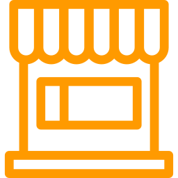 Un icono naranja de una tienda con un toldo y una ventana.