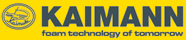 Kaimann-Logo auf gelbem Hintergrund mit dem Slogan „Schaumtechnologie von morgen“