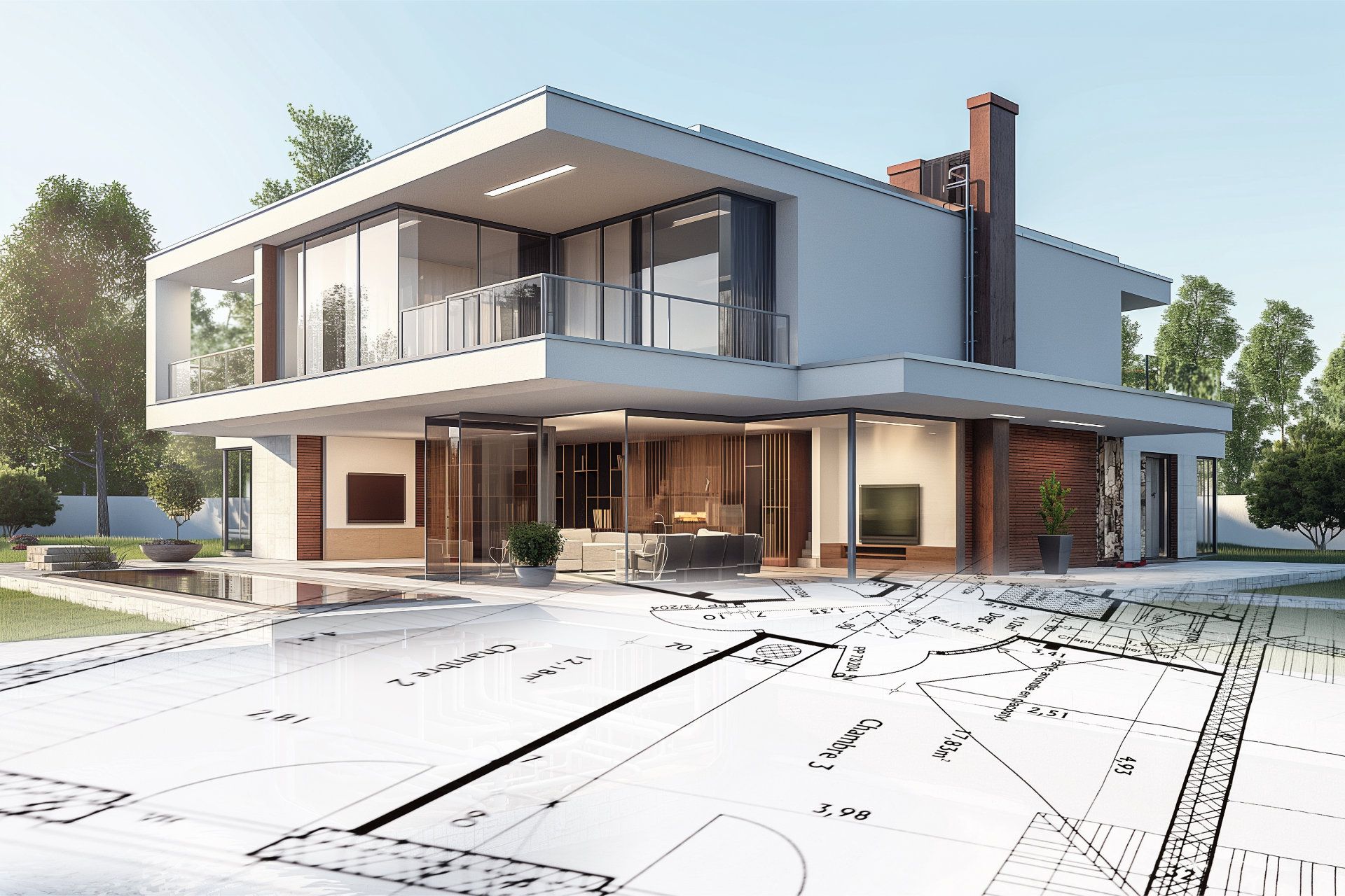 Betonfüße mit Stahlträgern stehen auf technischen Zeichnungen