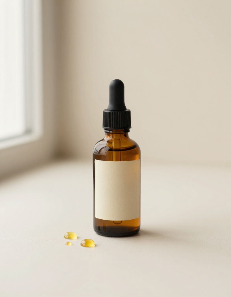 The Rosemary Barrier Serum: an amber dropper bottle with a paper label