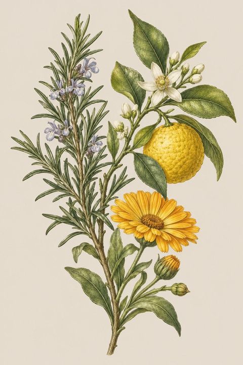 Engraved herbal plate of rosemary, yuzu and calendula