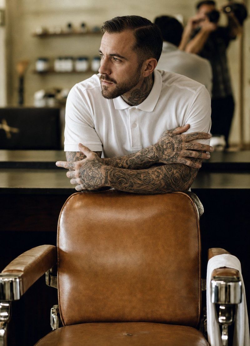 Marcus Reed leaning on a barber chair