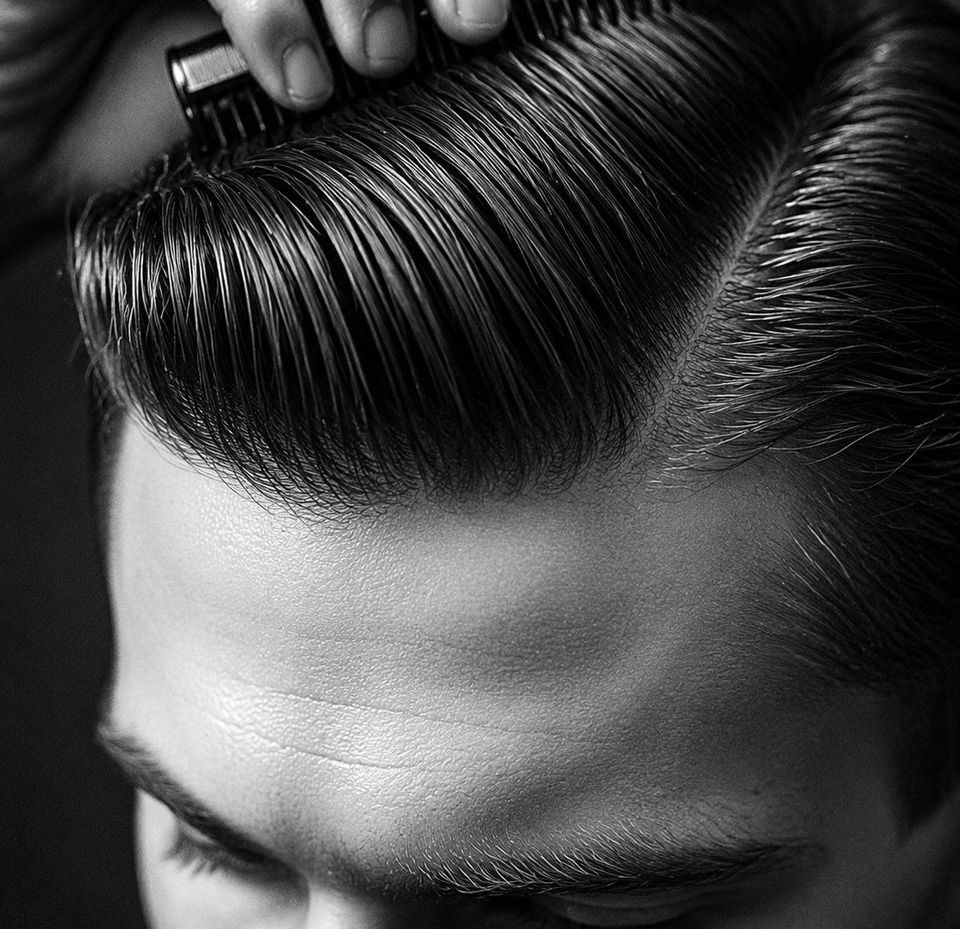 Slicked side-part, freshly cut