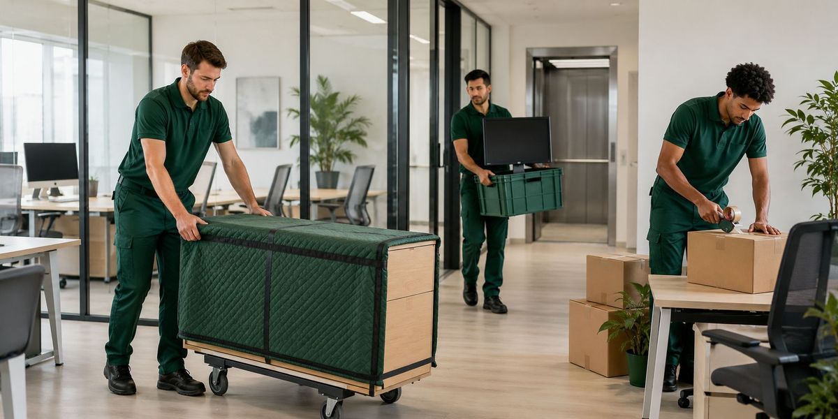 SwiftMove movers rolling office furniture through an open-plan office