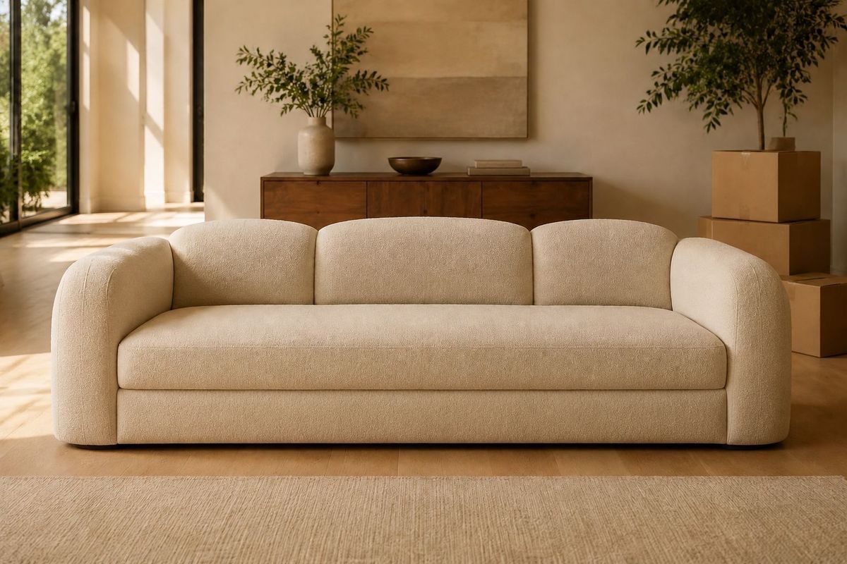 The same sofa unwrapped in the new living room