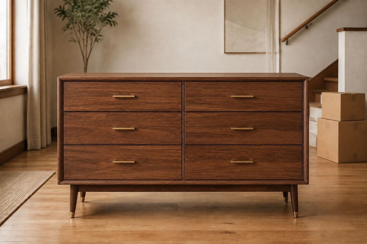 The same dresser unwrapped in the new home, undamaged