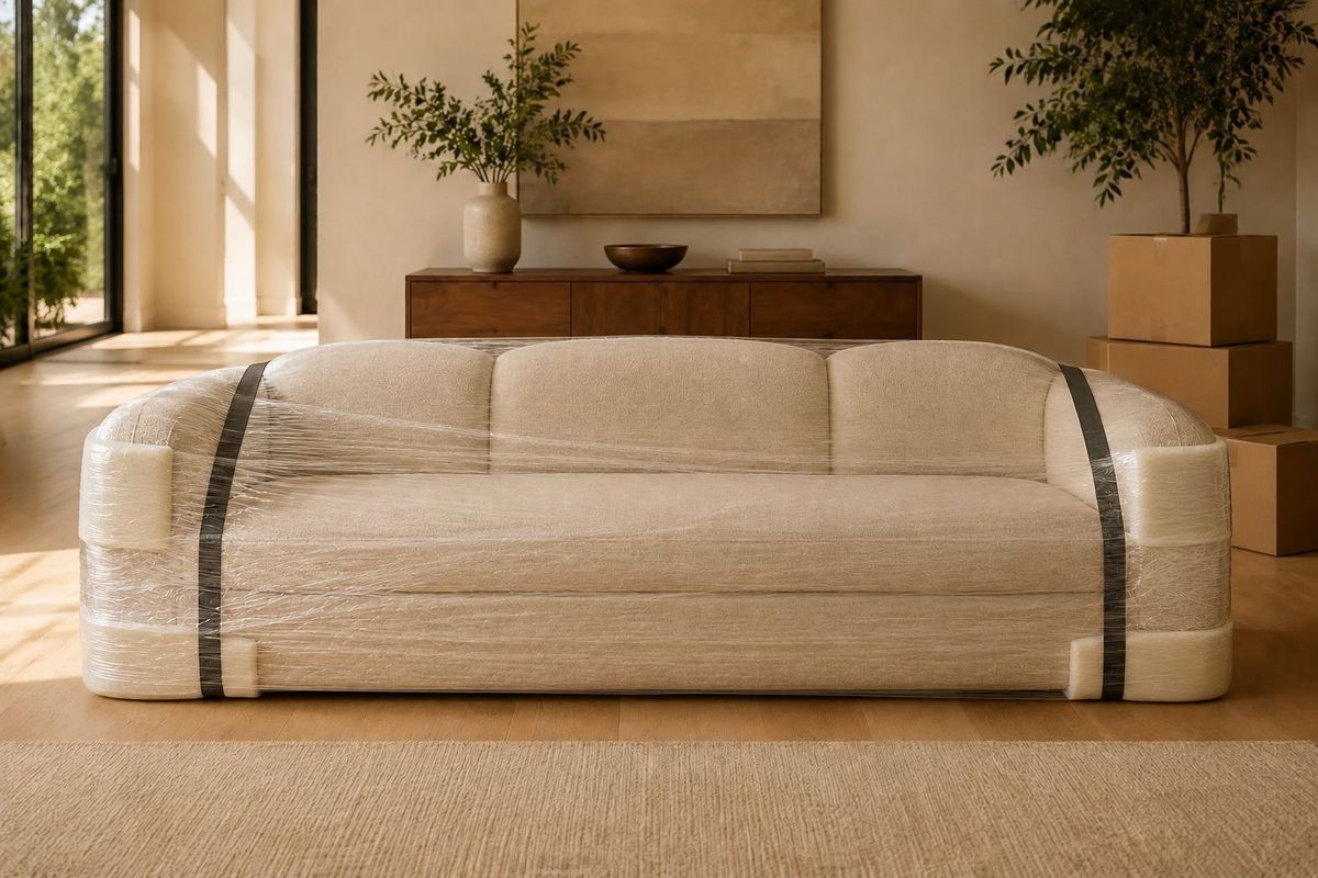 The sofa blanket-wrapped in the old living room