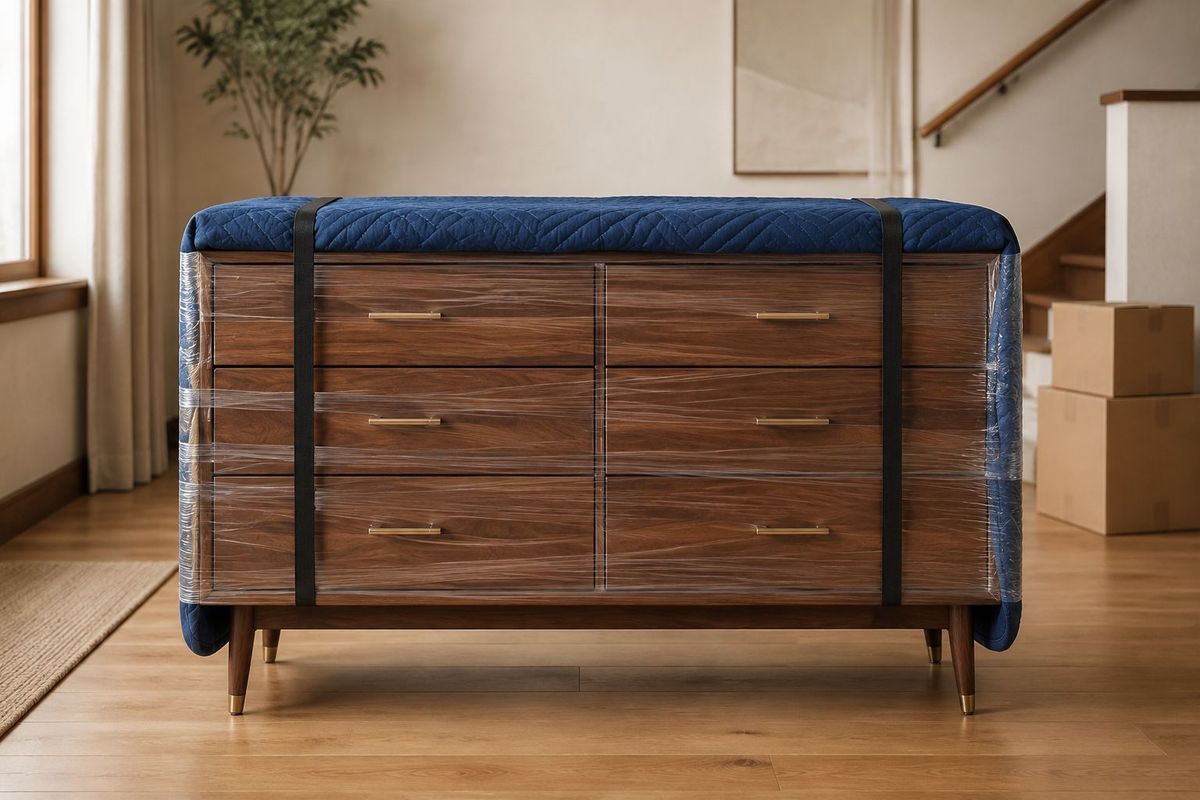Walnut dresser wrapped in a moving blanket and stretch wrap