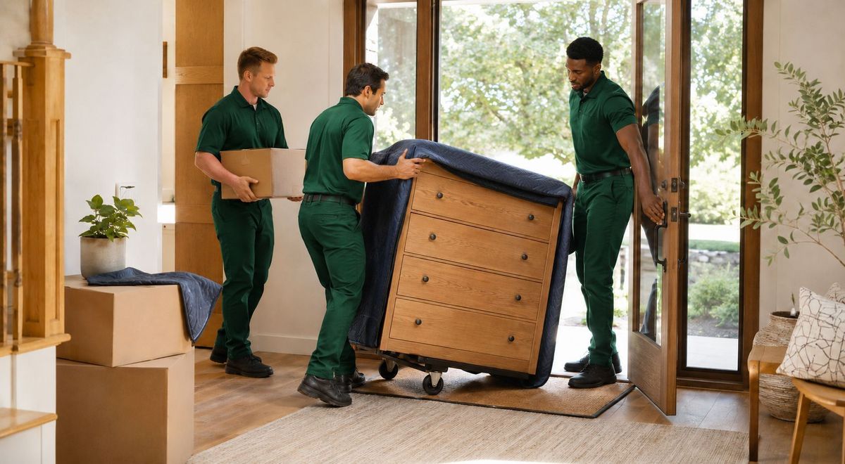 Three SwiftMove movers rolling a blanket-wrapped dresser through a front door
