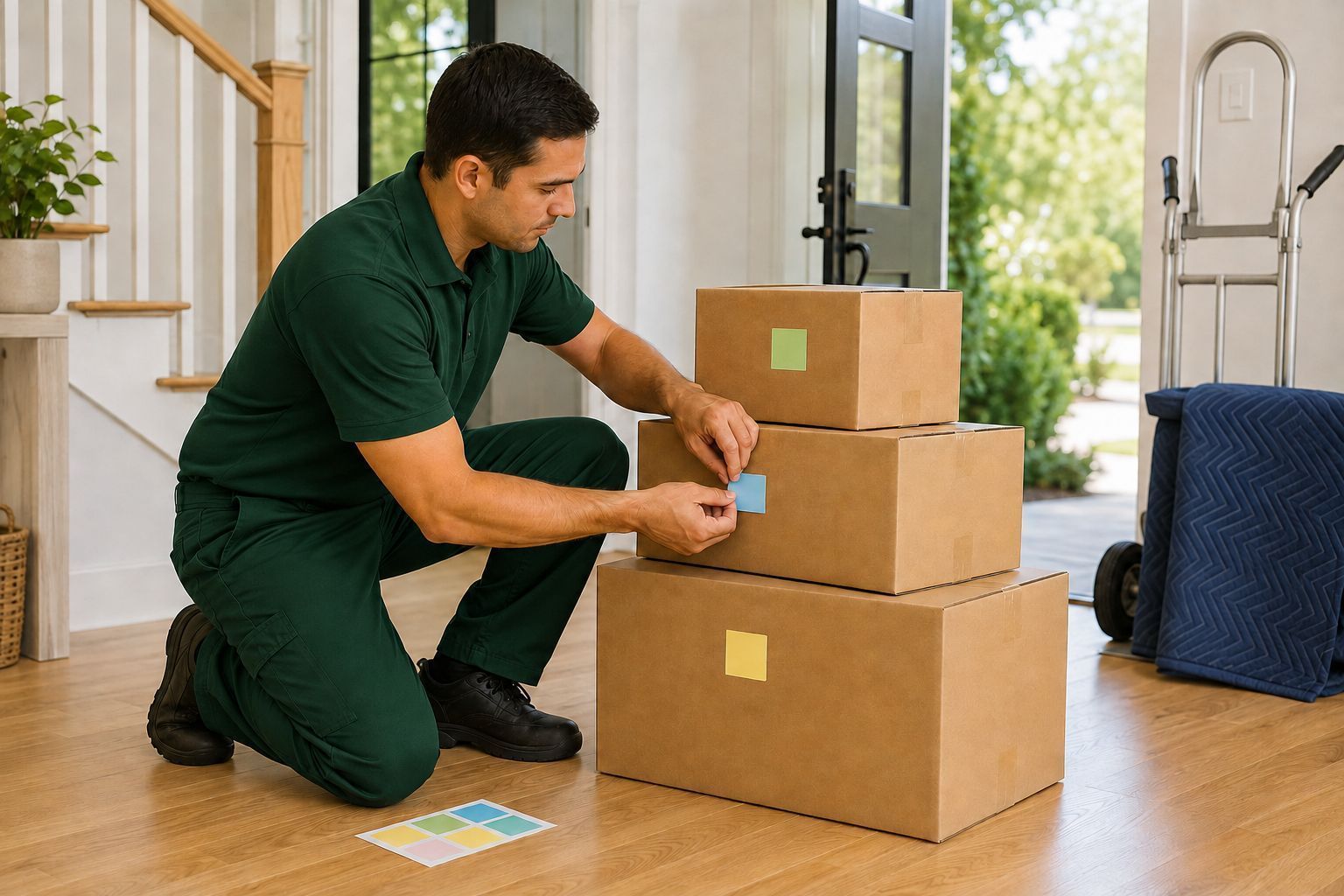 A SwiftMove mover labelling stacked boxes by room
