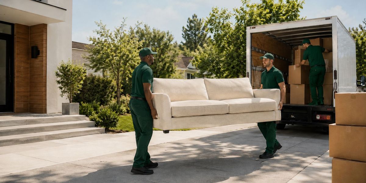 Two SwiftMove movers carrying a sofa up to the truck