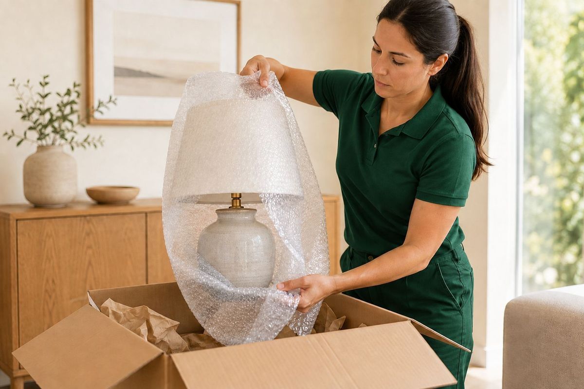 A SwiftMove mover wrapping a lamp in bubble wrap