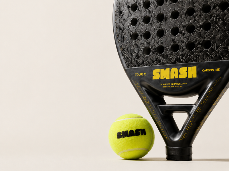 Black carbon SMASH paddle with a yellow ball on a cream backdrop