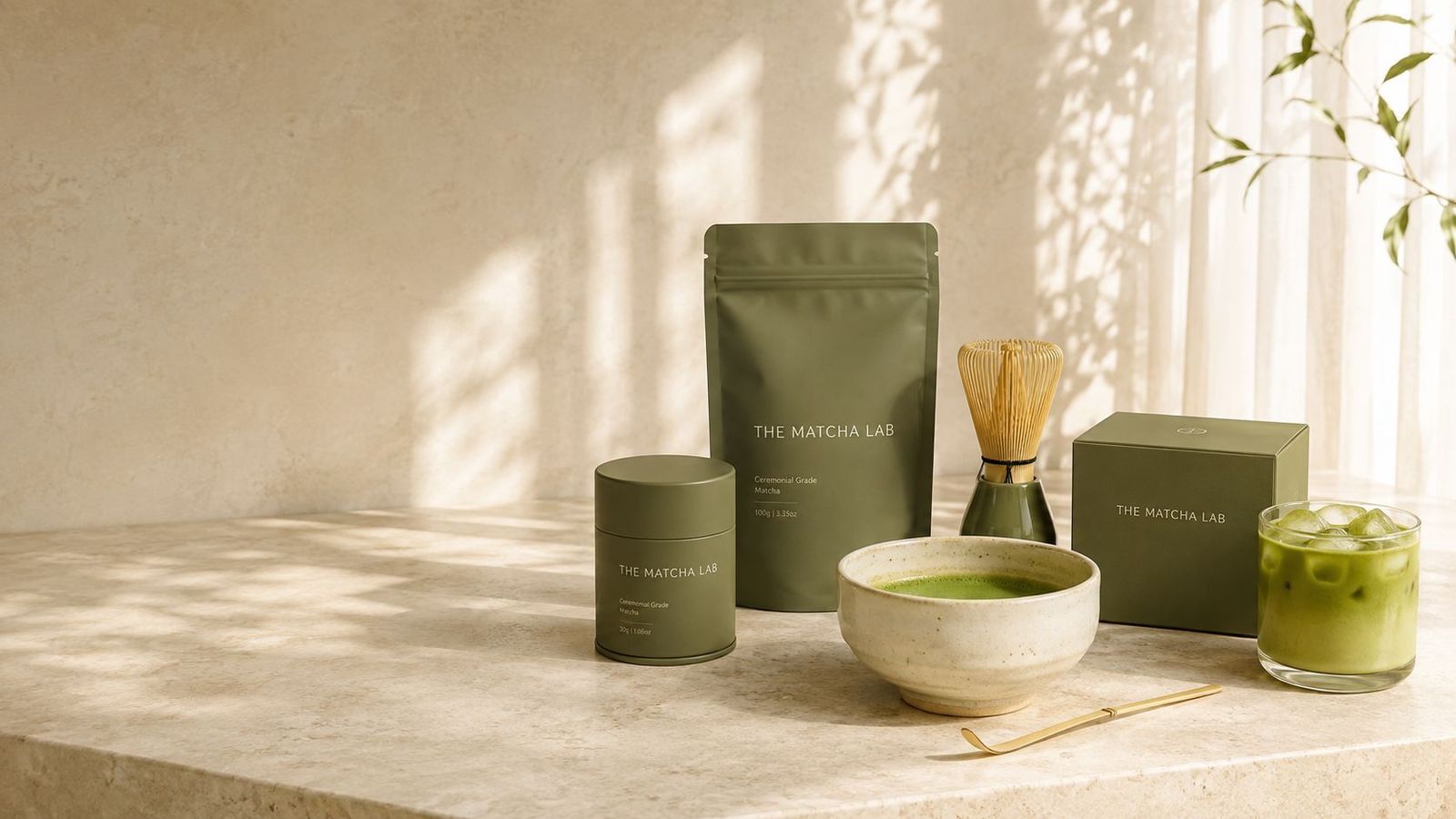 The Matcha Lab ceremonial tin, everyday pouch and bamboo whisk on a sunlit stone counter