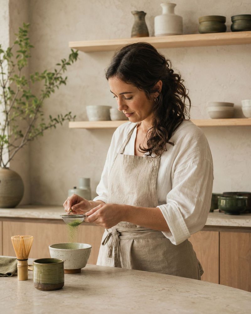 Sifting matcha powder in the studio