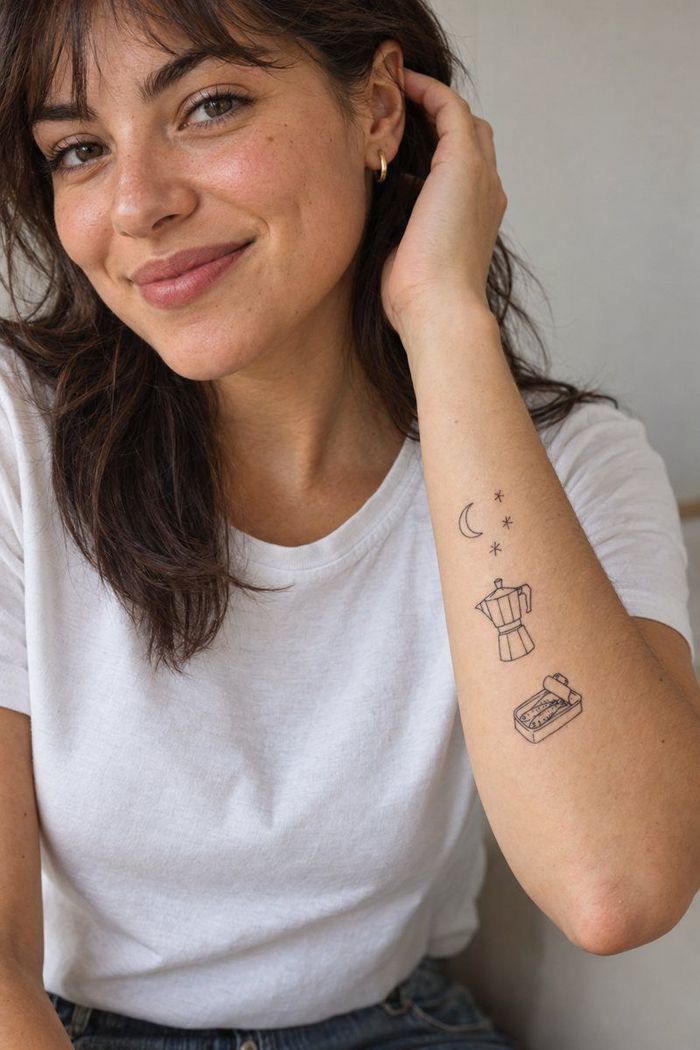 Woman in a white t-shirt with tiny single-line tattoos of a moon, stars, a moka pot and a sardine tin on her forearm