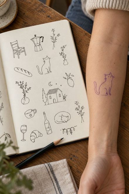 Sketchbook of tiny doodle tattoo ideas next to a forearm with a cat stencil