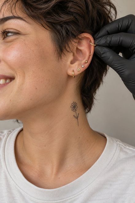 Piercer fitting a small gold hoop on a curated ear