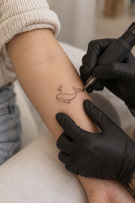 Artist tattooing a tiny single-line whale on a forearm